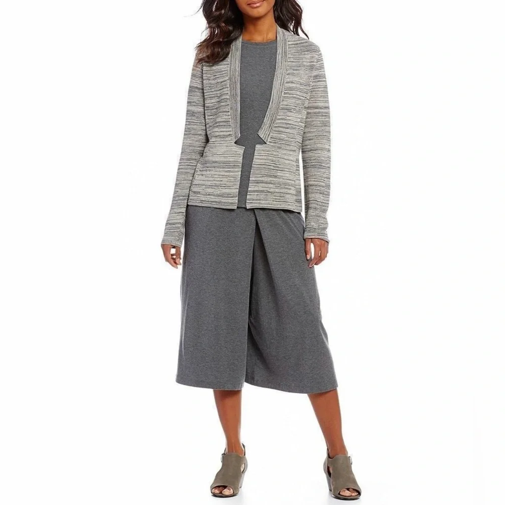 Eileen Fisher Notch Collar Cardigan Maple Oat‎ Open Front Grey Classic Work - Picture 4 of 12